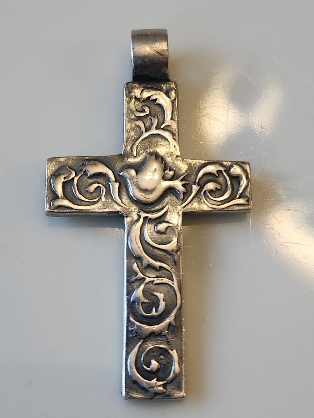 Sterling Silver Ornate Cross Pendant - Decorative Floral Design Artisan